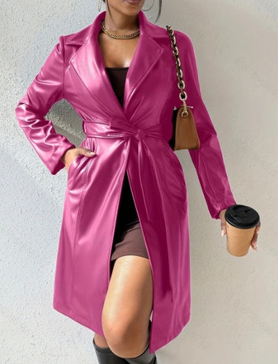 Women's Long Sleeve PU Leather Coat with Pockets