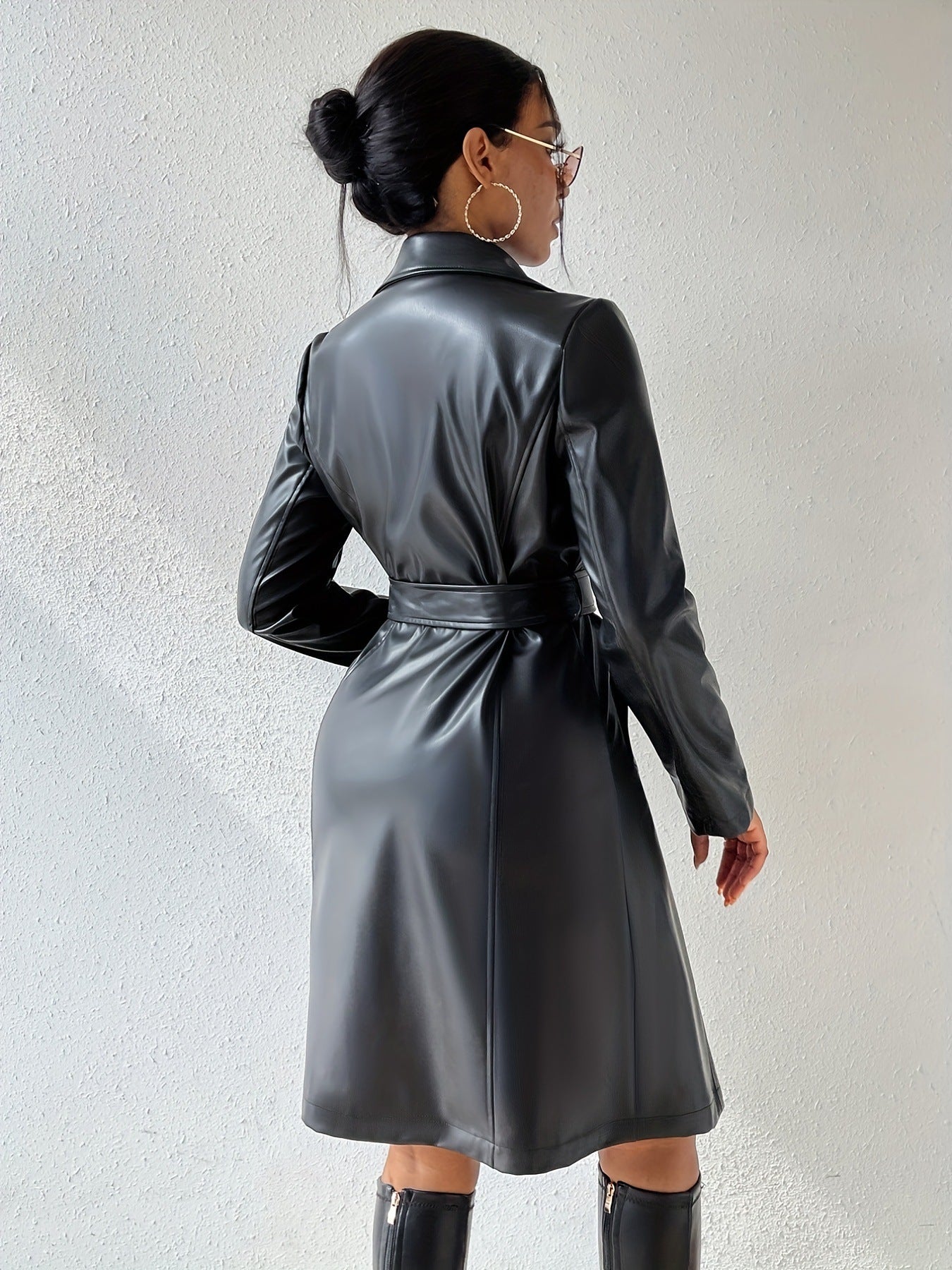 Women's Long Sleeve PU Leather Coat with Pockets