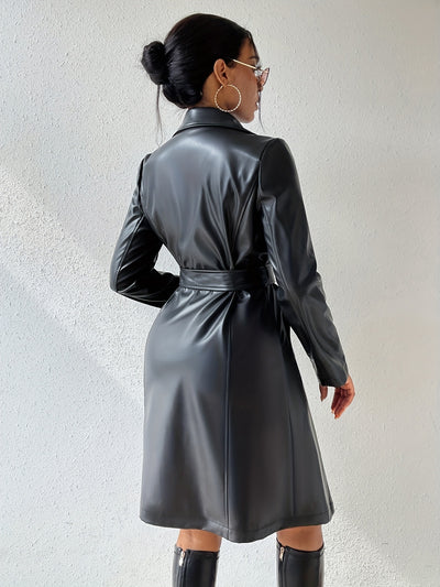Women's Long Sleeve PU Leather Coat with Pockets