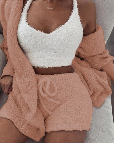 Women's 3 Pc Long Sleeve Crop Tank Top And Drawstring Shorts Pajama Set