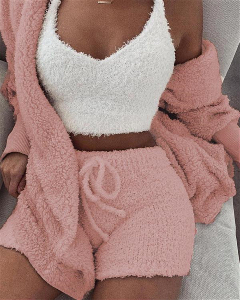 Women's 3 Pc Long Sleeve Crop Tank Top And Drawstring Shorts Pajama Set