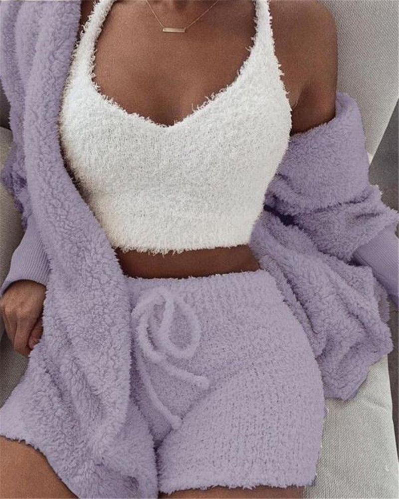 Women's 3 Pc Long Sleeve Crop Tank Top And Drawstring Shorts Pajama Set