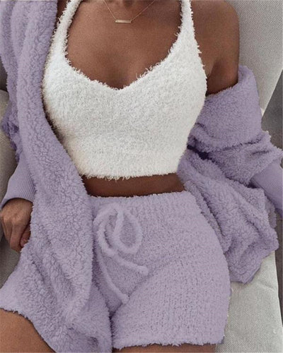 Women's 3 Pc Long Sleeve Crop Tank Top And Drawstring Shorts Pajama Set