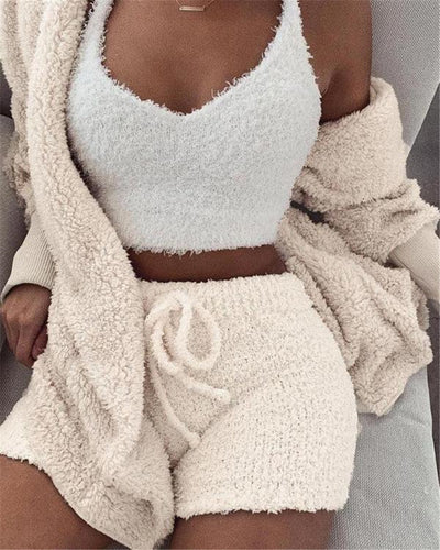Women's 3 Pc Long Sleeve Crop Tank Top And Drawstring Shorts Pajama Set
