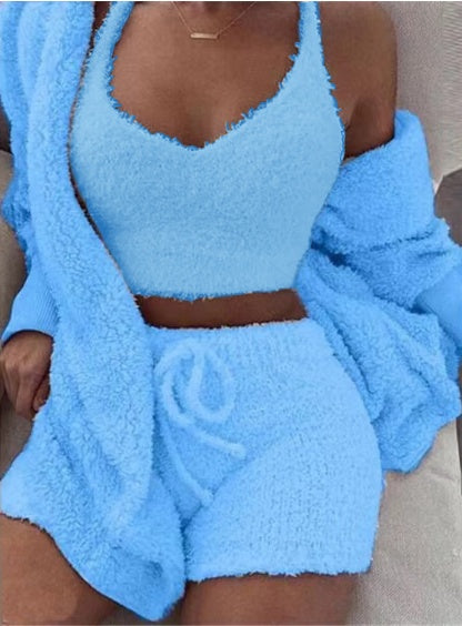 Women's 3 Pc Long Sleeve Crop Tank Top And Drawstring Shorts Pajama Set