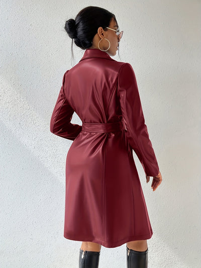 Women's Long Sleeve PU Leather Coat with Pockets