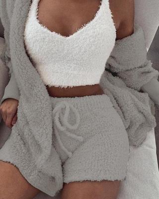 Women's 3 Pc Long Sleeve Crop Tank Top And Drawstring Shorts Pajama Set