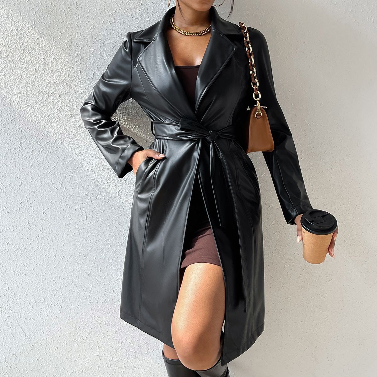 Women's Long Sleeve PU Leather Coat with Pockets
