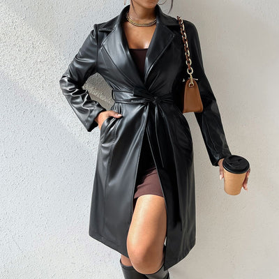 Women's Long Sleeve PU Leather Coat with Pockets
