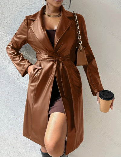 Women's Long Sleeve PU Leather Coat with Pockets