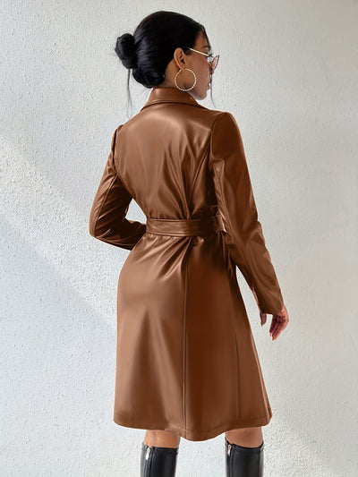 Women's Long Sleeve PU Leather Coat with Pockets