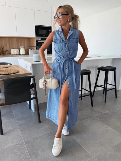 Sleeveless Long Tie Denim Dress