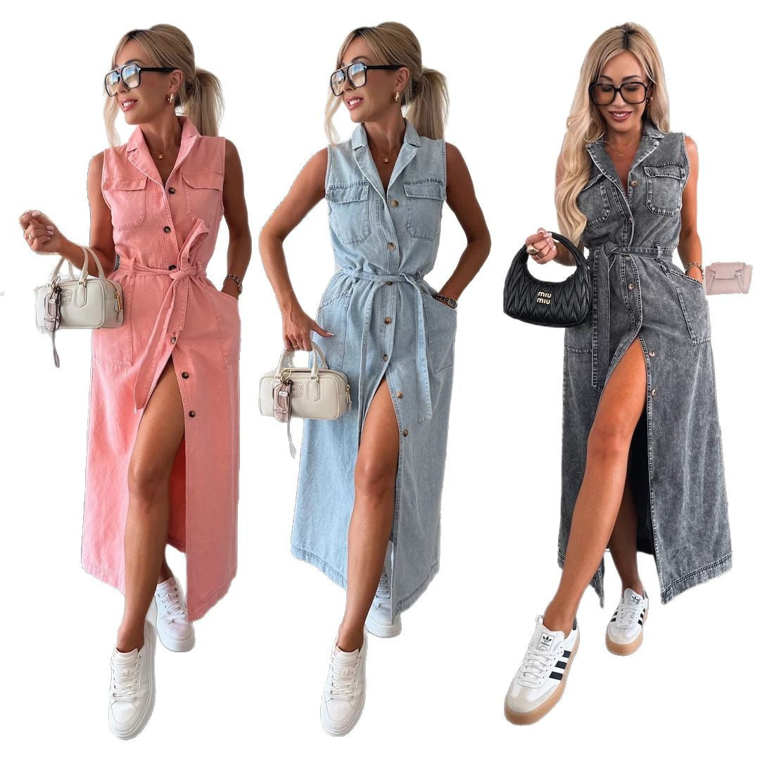 Sleeveless Long Tie Denim Dress