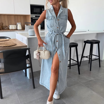 Sleeveless Long Tie Denim Dress