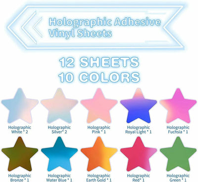 HTVRONT 12pcs 12X12 Inch Holographic Adhesive Vinyl Sheets Sticky Craft Sticker Film Permanent Vinyl for DIY Cup Window