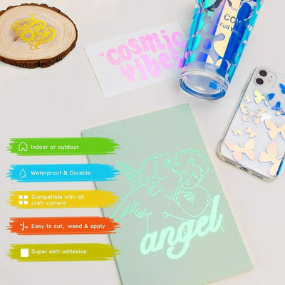 HTVRONT 12pcs 12X12 Inch Holographic Adhesive Vinyl Sheets Sticky Craft Sticker Film Permanent Vinyl for DIY Cup Window