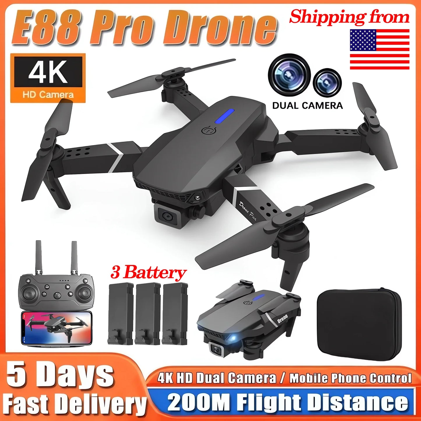 RC Drone E88Pro with 4K Wide Angle Dual HD Camera