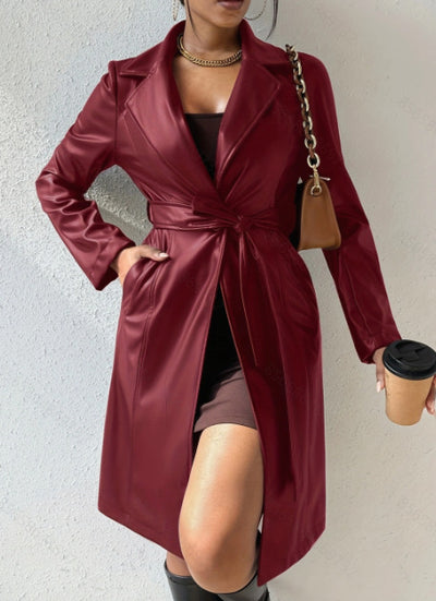 Women's Long Sleeve PU Leather Coat with Pockets