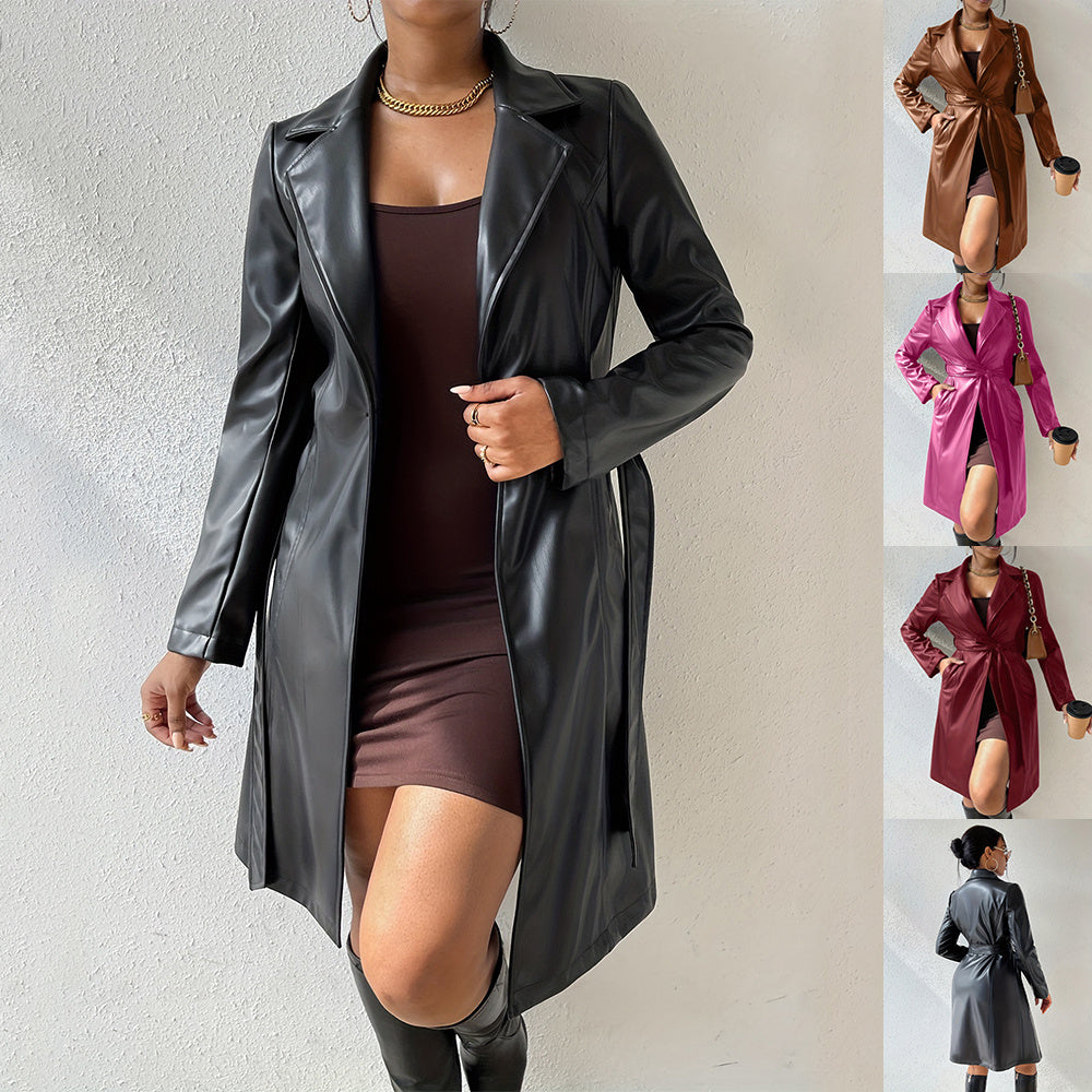 Women's Long Sleeve PU Leather Coat with Pockets