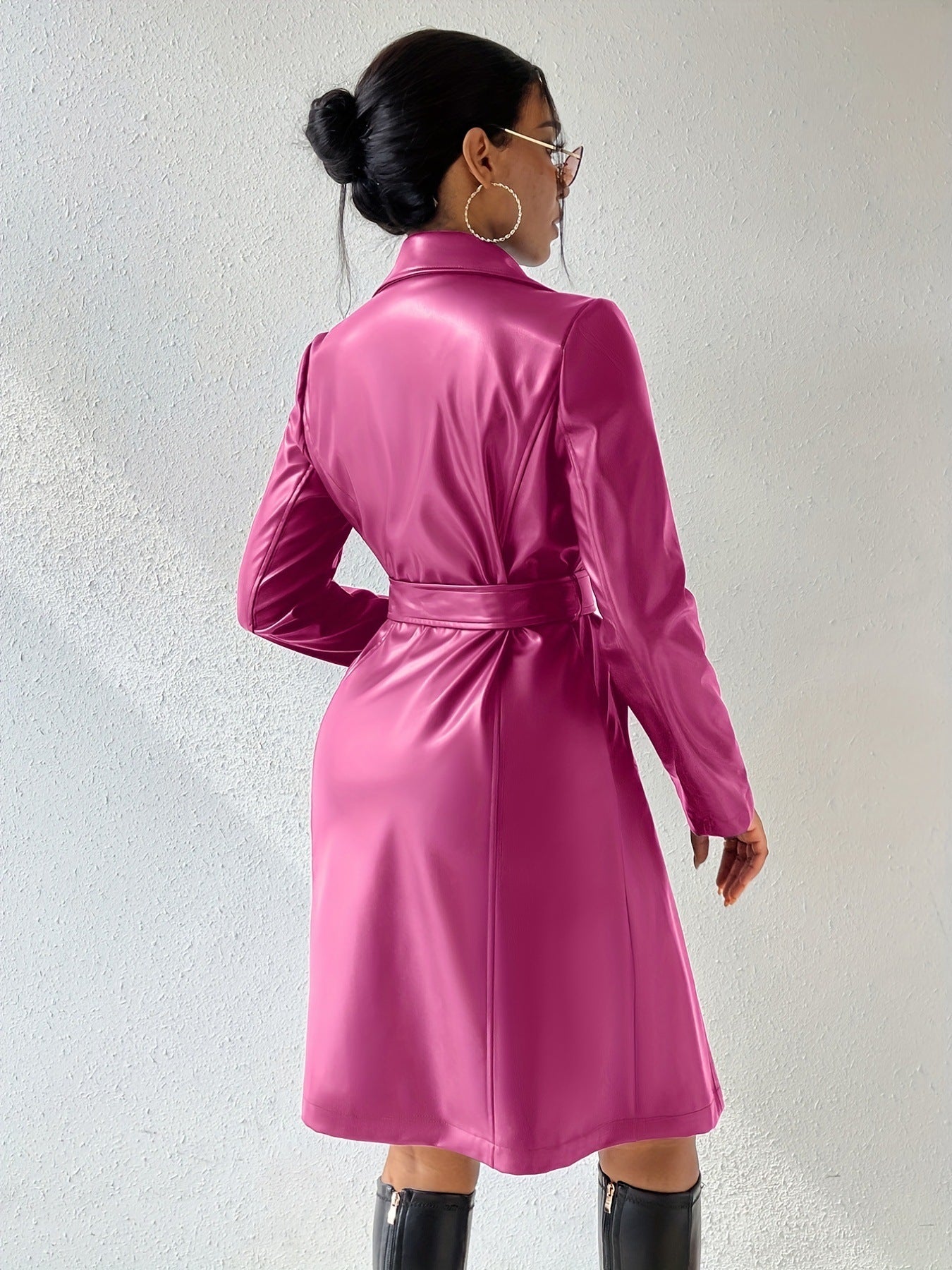Women's Long Sleeve PU Leather Coat with Pockets