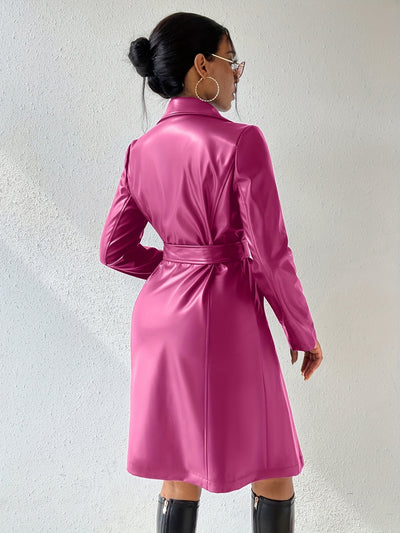 Women's Long Sleeve PU Leather Coat with Pockets