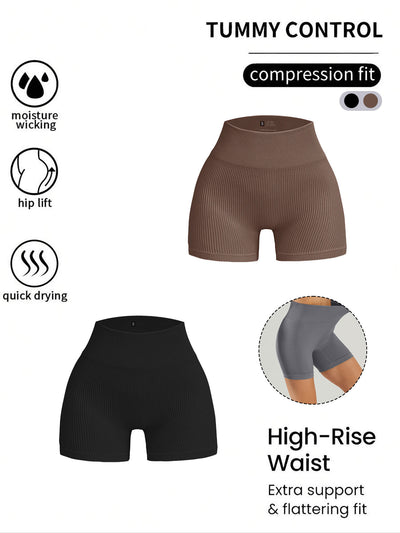 2 Pack Women's High Waisted Ribbed Yoga Shorts
